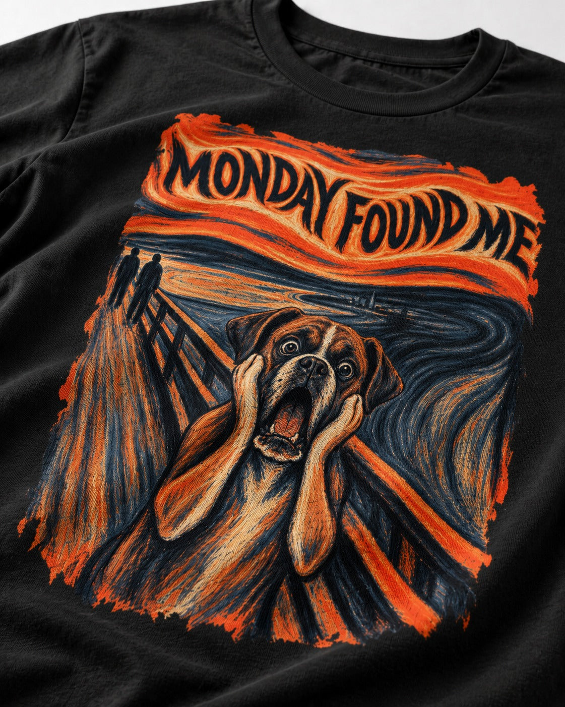 Monday Found Me Scream Boxer T-Shirt in Black, close-up of the graphic