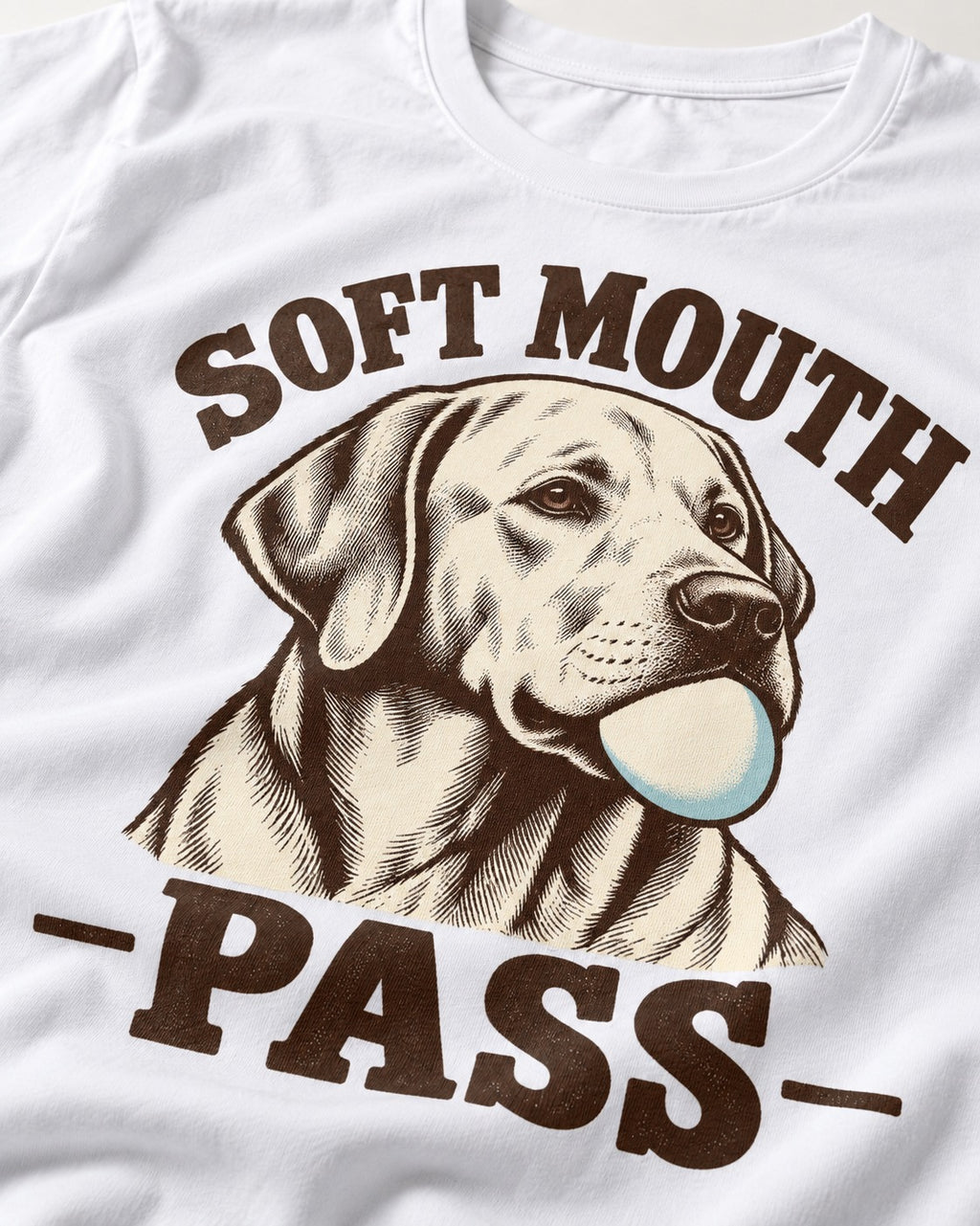 Soft Mouth Pass Labrador Retriever T-Shirt in White, close-up of the graphic