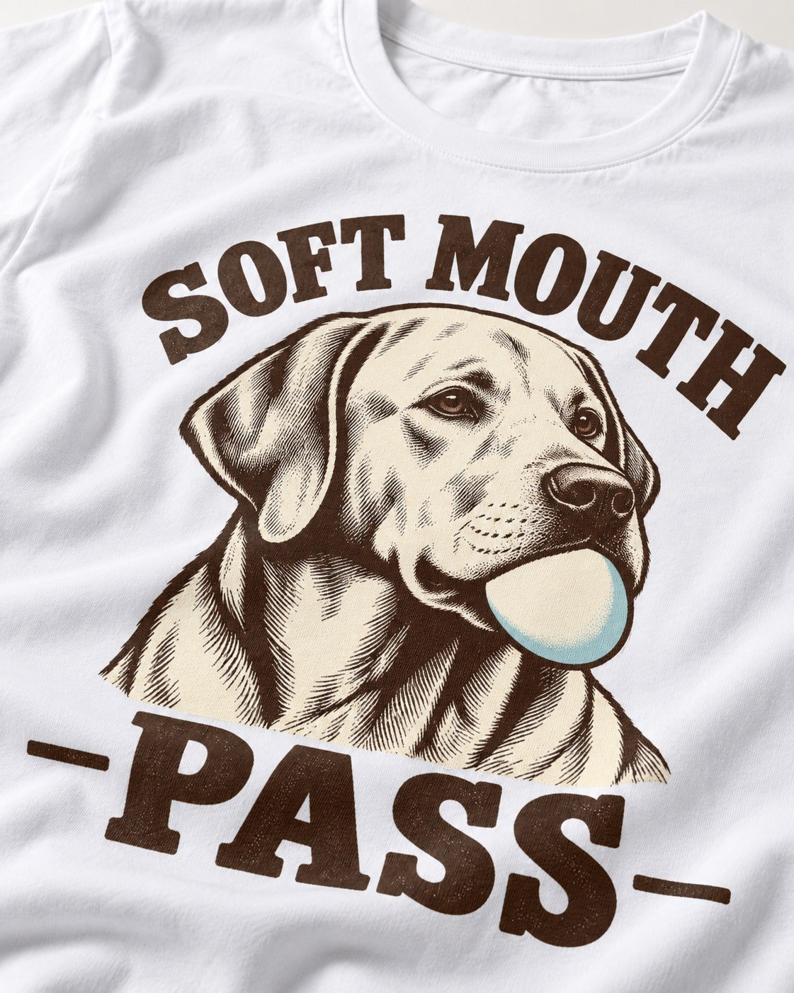 Soft Mouth Pass Labrador Retriever T-Shirt in White, close-up of the graphic