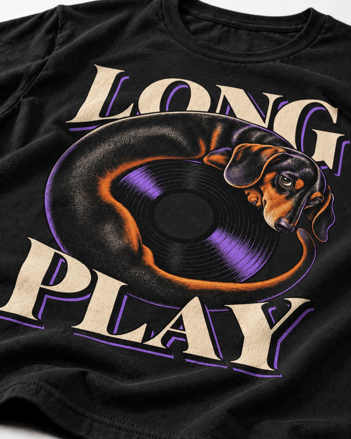 Dachshund Long Play Vinyl Record Graphic T-Shirt in Black, close-up of the graphic