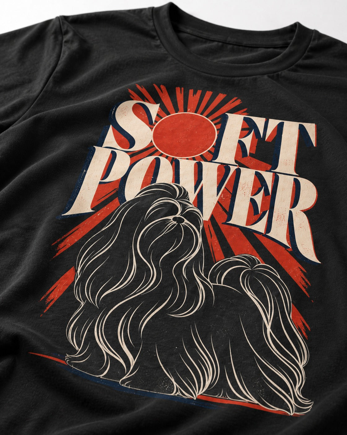Shih Tzu Soft Power Sunburst Graphic T-Shirt in Black, close-up of the graphic