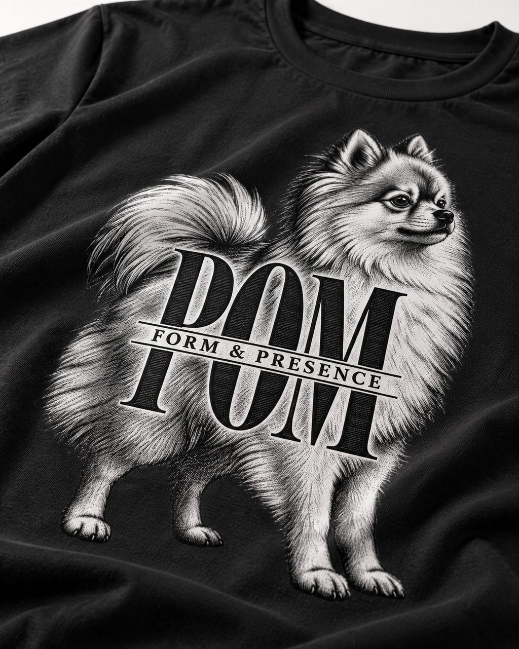 Pomeranian Form and Presence Monogram Graphic T-Shirt in Black, close-up of the graphic