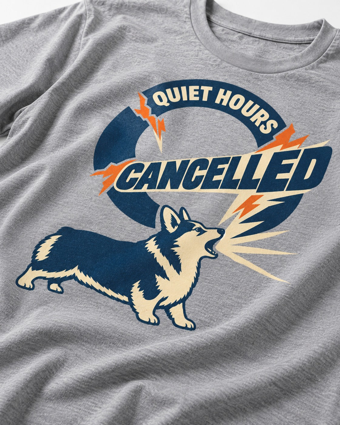 Corgi Quiet Hours Cancelled Calling Badge Graphic T-Shirt in Sport Grey, close-up of the graphic