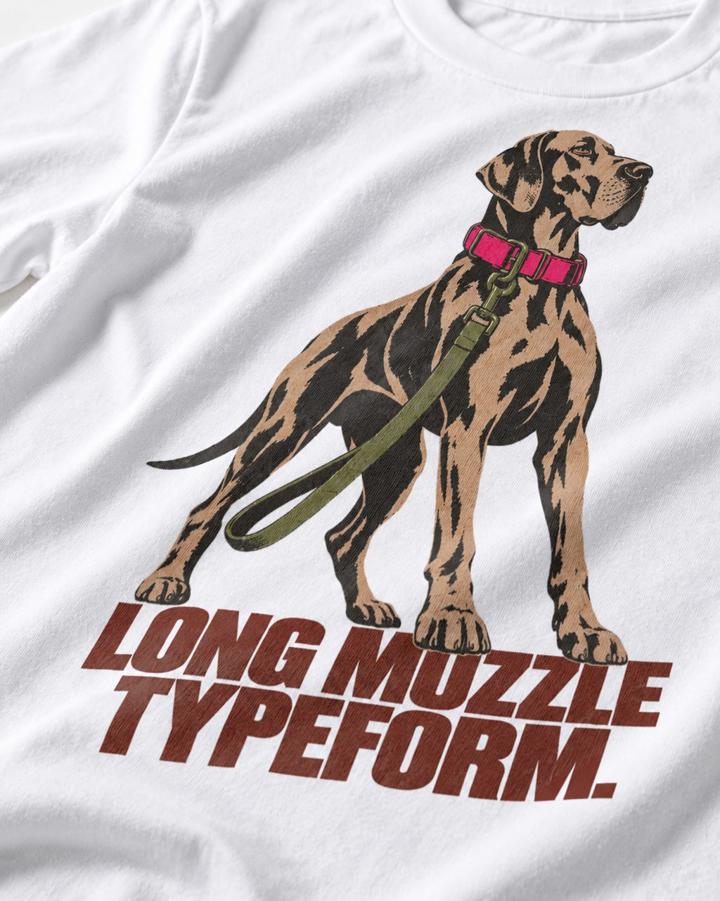 Long Muzzle Typeform Great Dane T-Shirt in White, close-up of the graphic