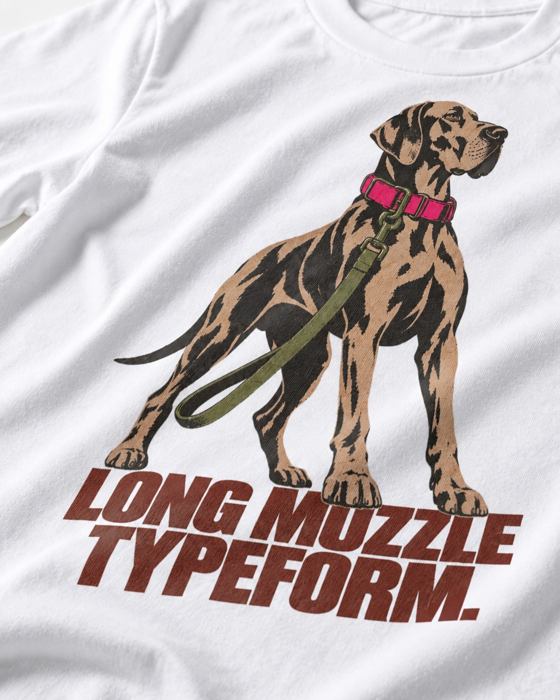 Long Muzzle Typeform Great Dane T-Shirt in White, close-up of the graphic