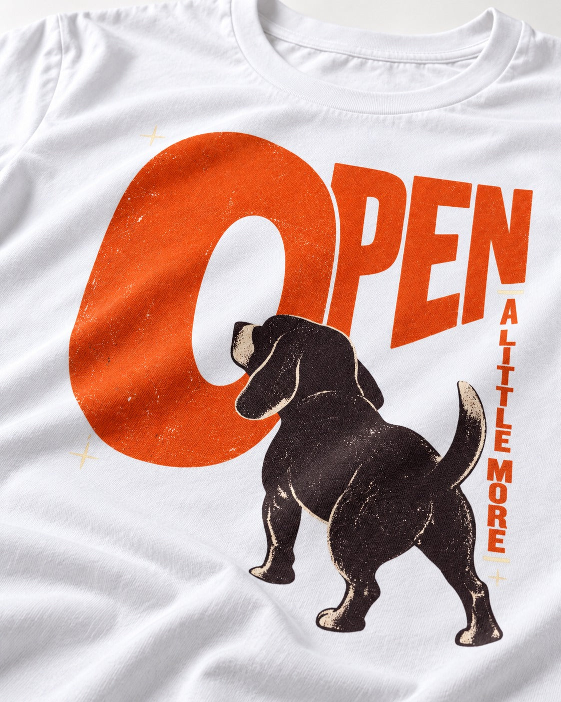 Open a Little More Beagle T-Shirt in White, close-up of the graphic