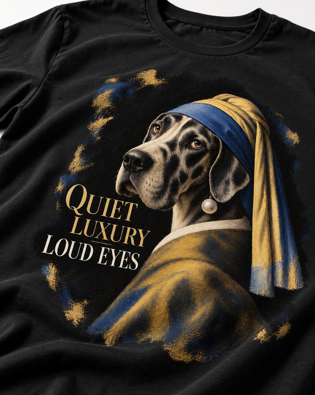 Great Dane Quiet Luxury Loud Eyes Pearl Portrait Graphic T-Shirt in Black, close-up of the graphic