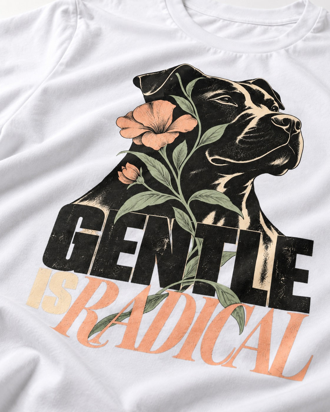 Gentle Pitbull Is Radical T-Shirt in White, close-up of the graphic