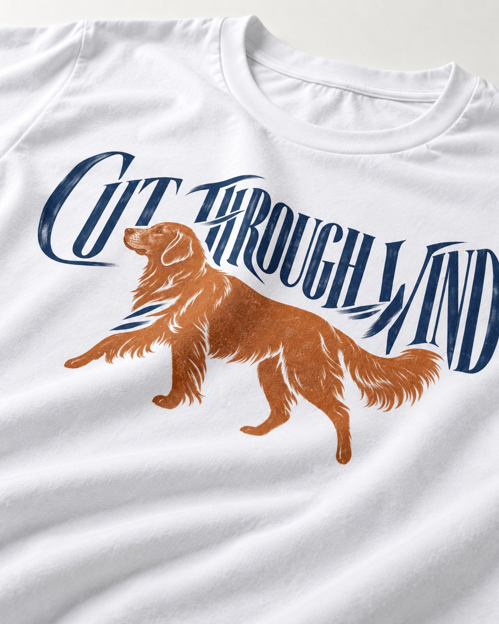 Golden Retriever Cut Through Land T-Shirt in White, close-up of the graphic