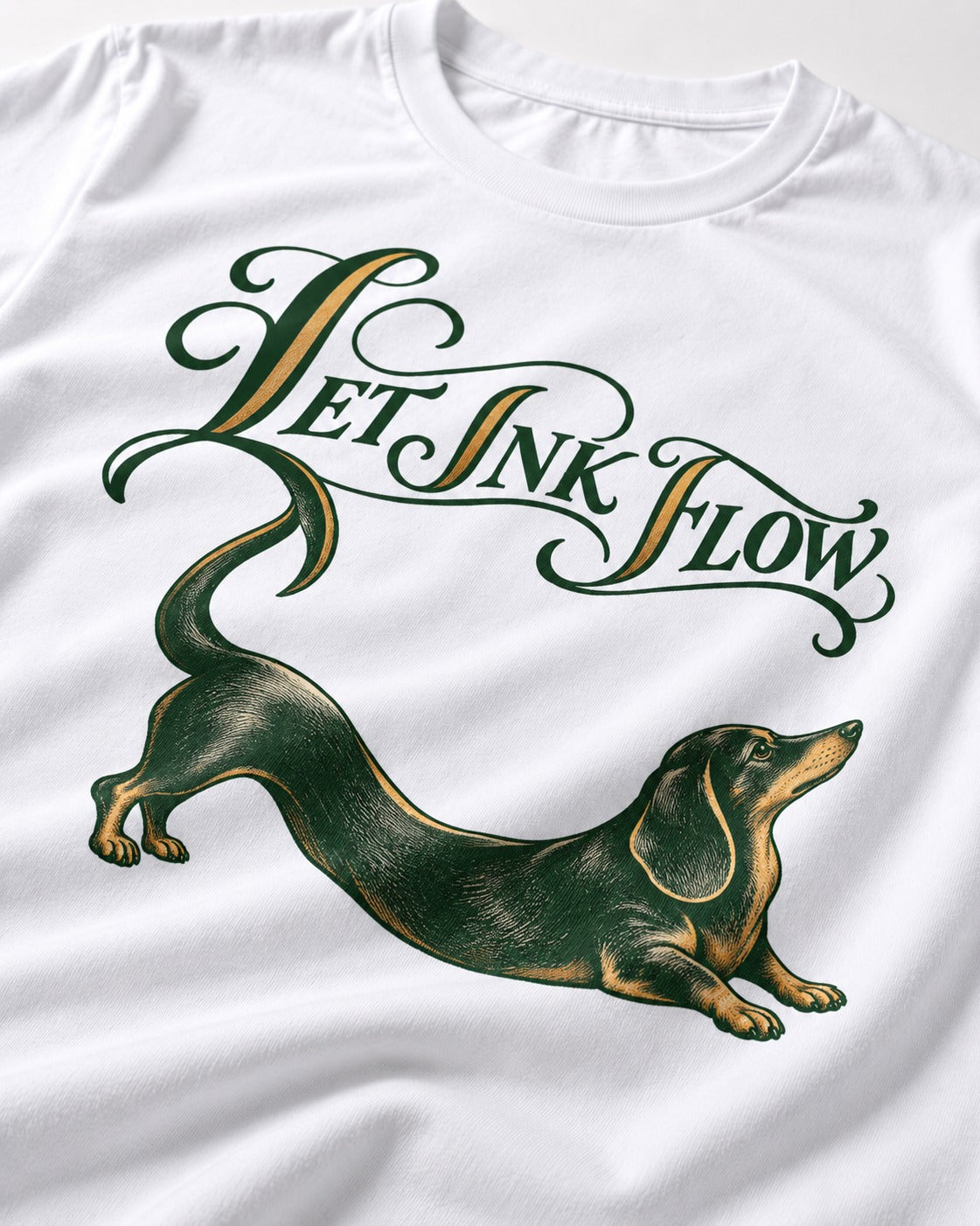 Let the Dachshund Ink Flow T-Shirt in White, close-up of the graphic