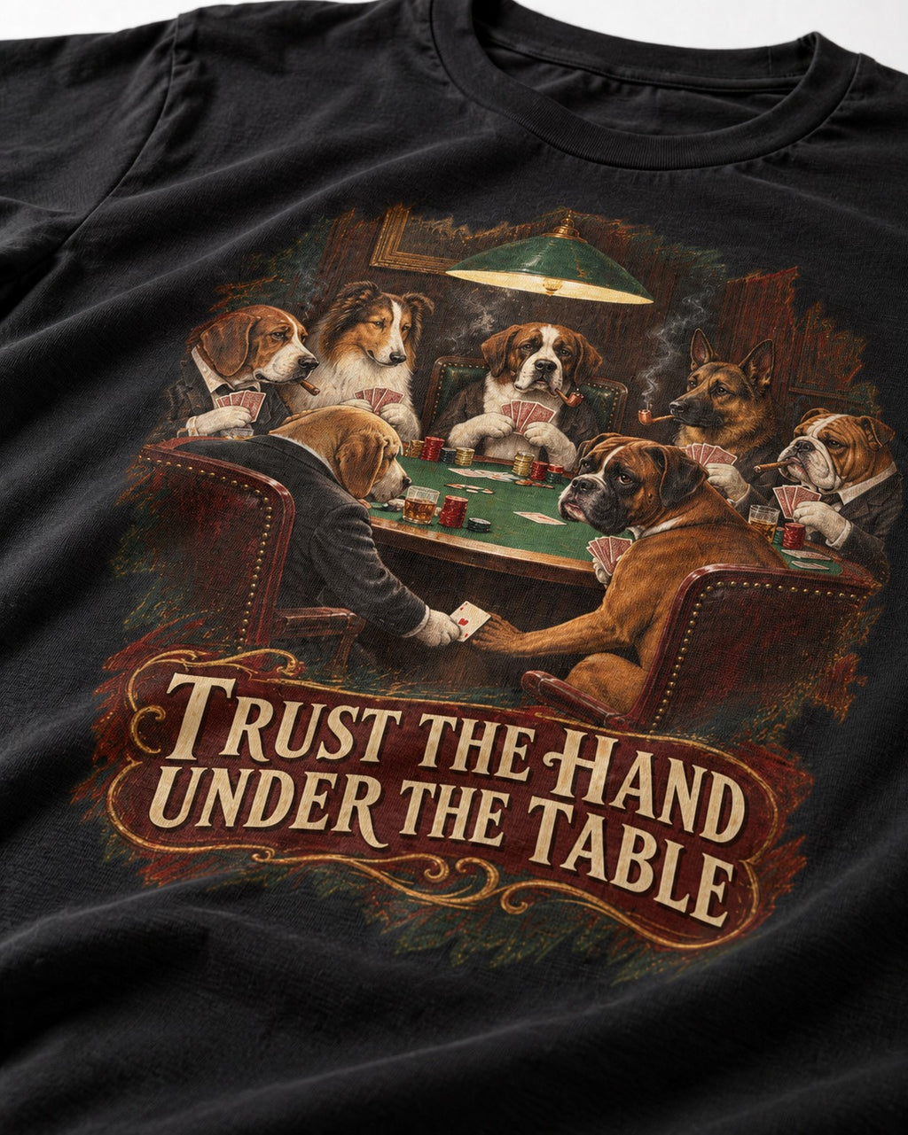 Trust the Hand Under the Table Boxer Poker Graphic T-Shirt in Black, close-up of the graphic