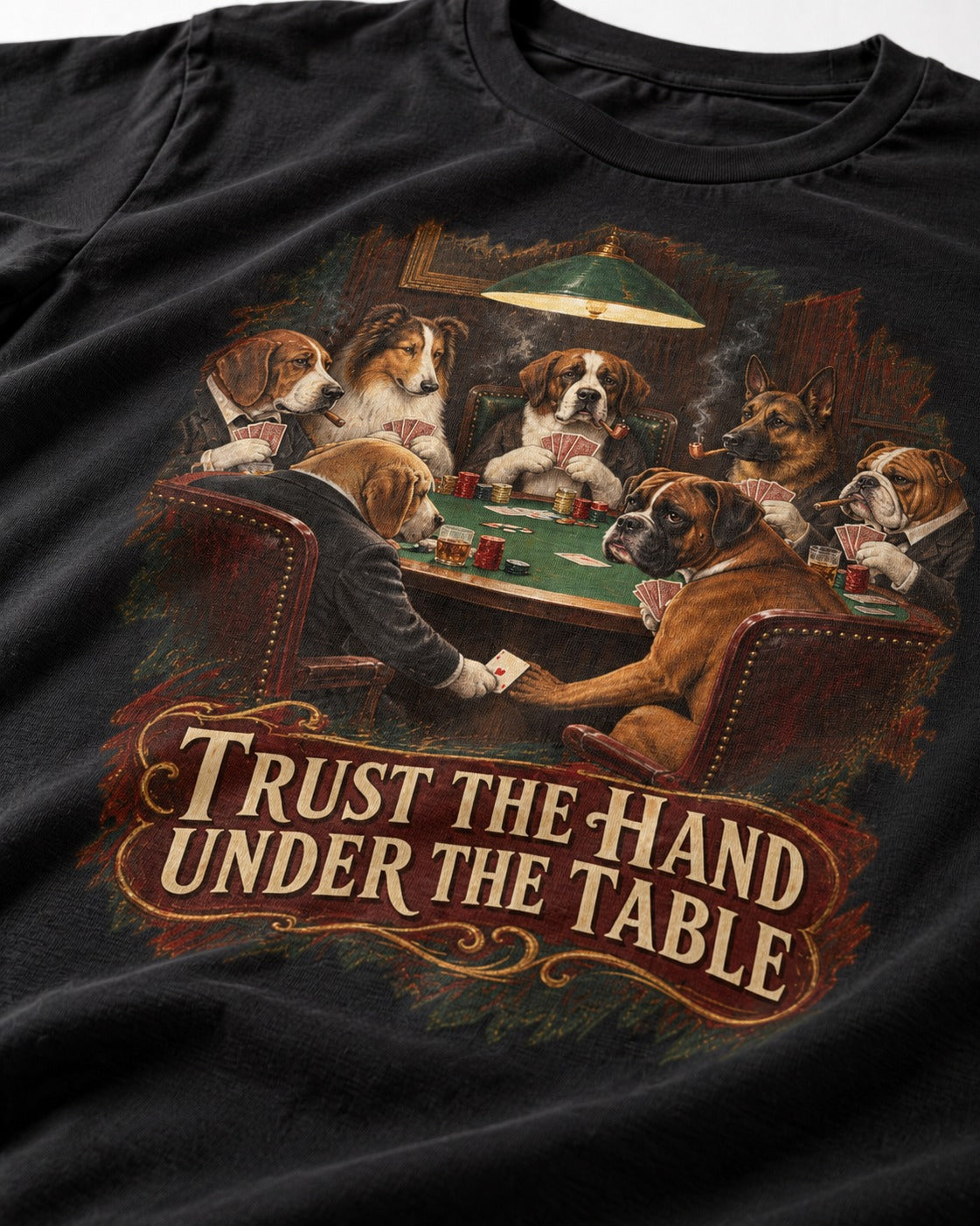 Trust the Hand Under the Table Boxer Poker Graphic T-Shirt in Black, close-up of the graphic