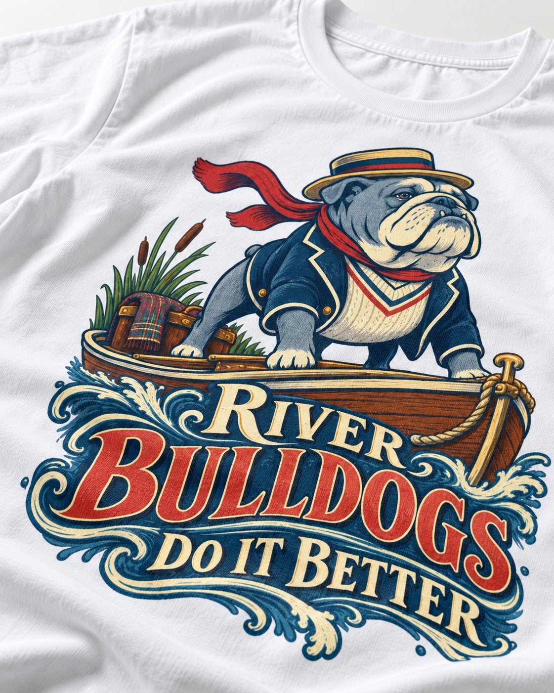 River English Bulldog Does It Better T-Shirt in White, close-up of the graphic