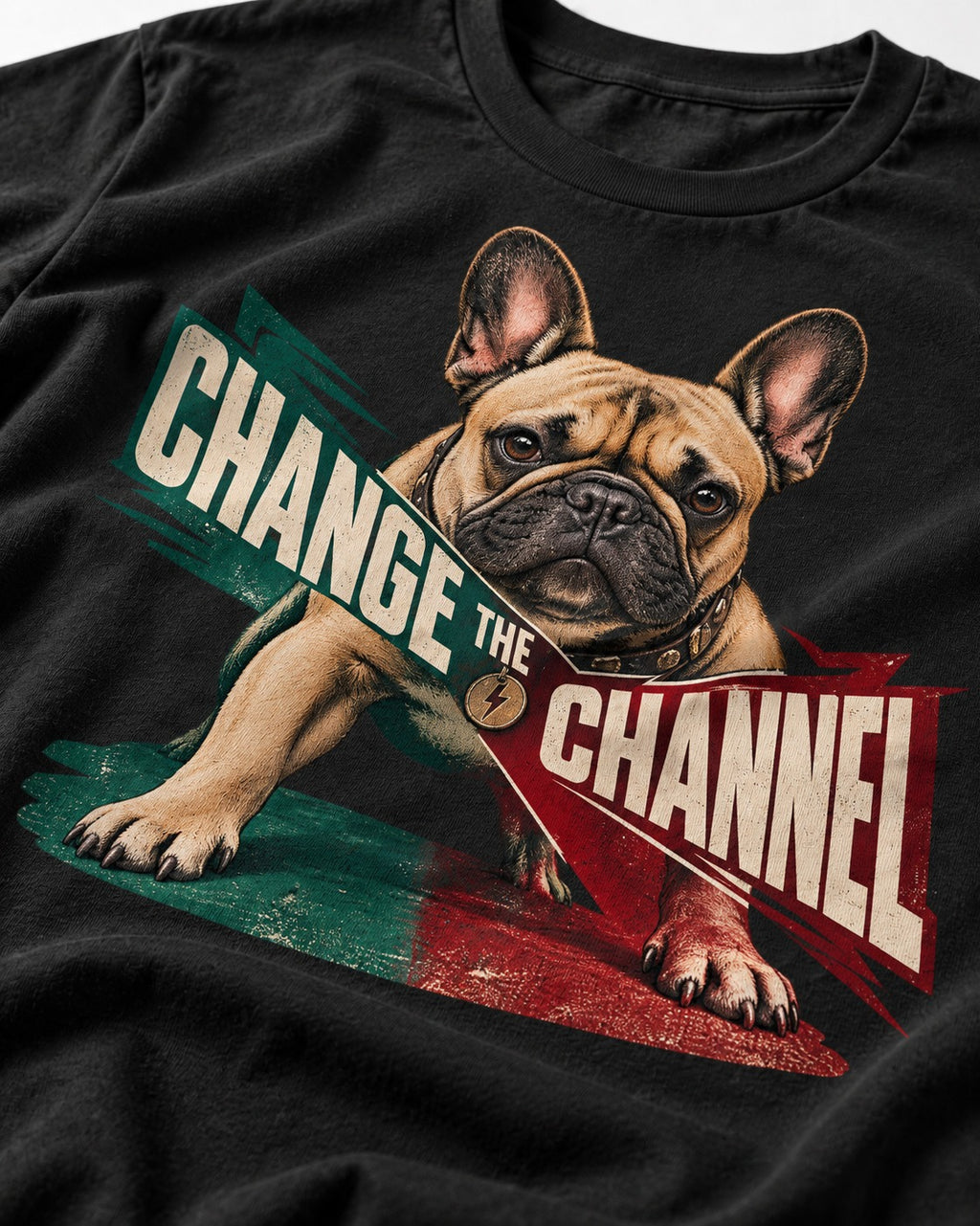 Frenchie Change the Channel Graphic T-Shirt in Black, close-up of the graphic