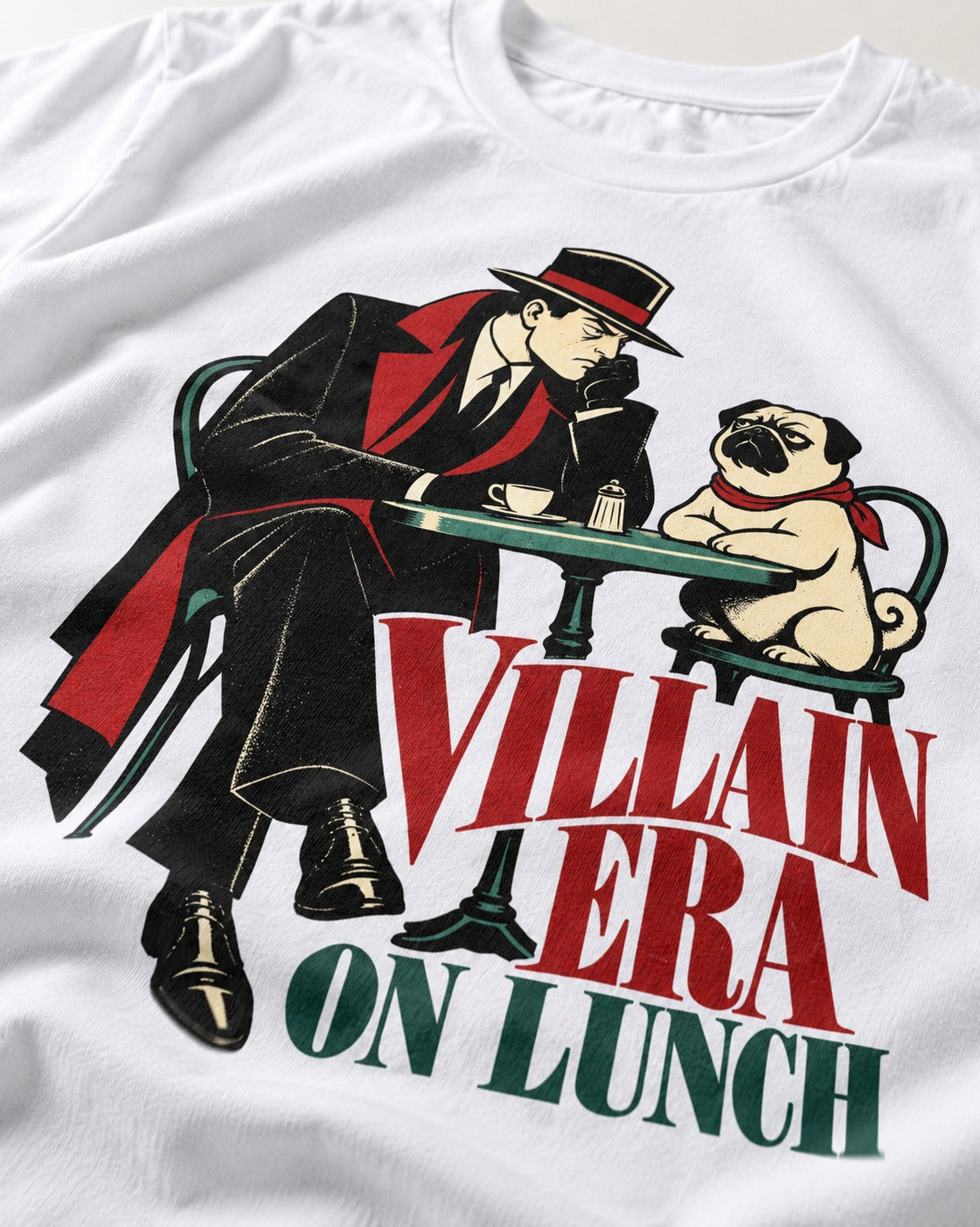 Pug Villain Era T-Shirt in White, close-up of the graphic