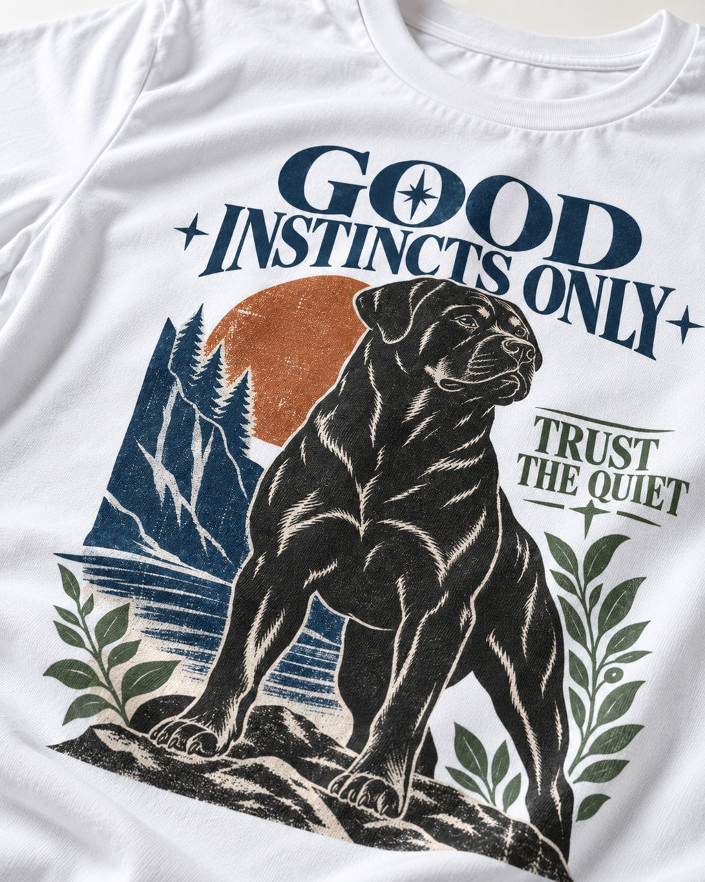 Good Instincts Only Rottweiler T-Shirt in White, close-up of the graphic
