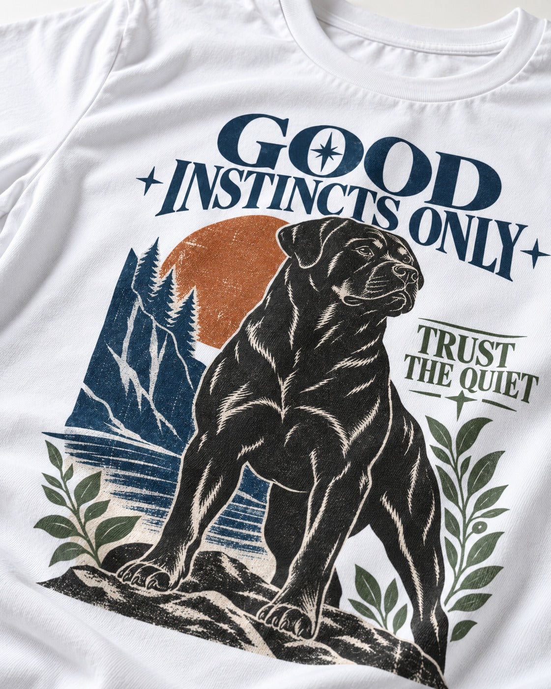 Good Instincts Only Rottweiler T-Shirt in White, close-up of the graphic