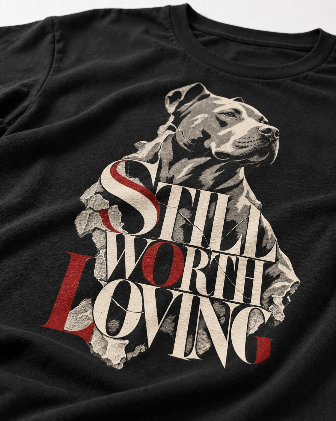 Pitbull Still Worth Loving Torn Poster Portrait Graphic T-Shirt in Black, close-up of the graphic