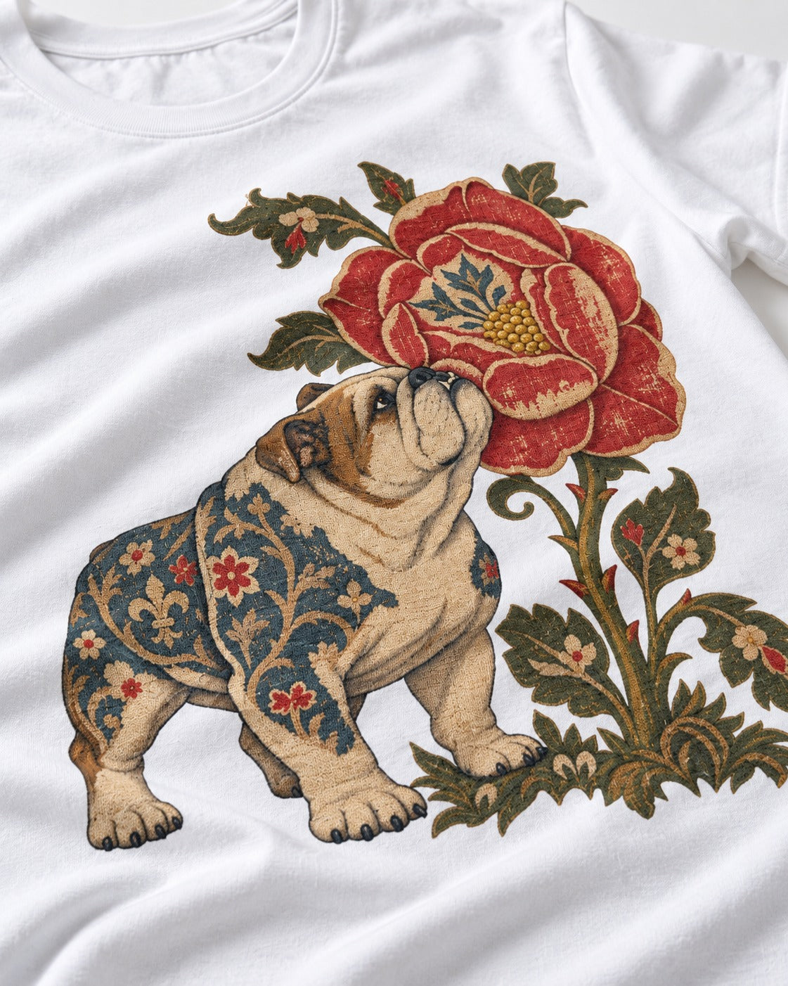 English Bulldog Tender Devotion T-Shirt in White, close-up of the graphic