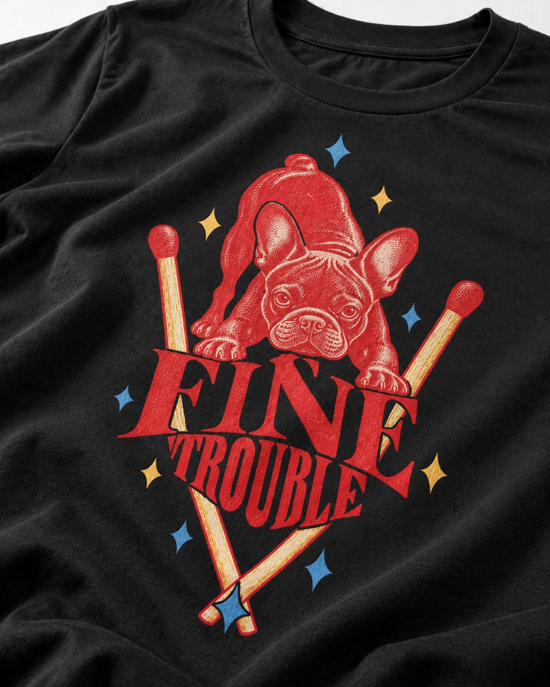 Fine Trouble Boston Terrier Matchstick Graphic T-Shirt in Black, close-up of the graphic