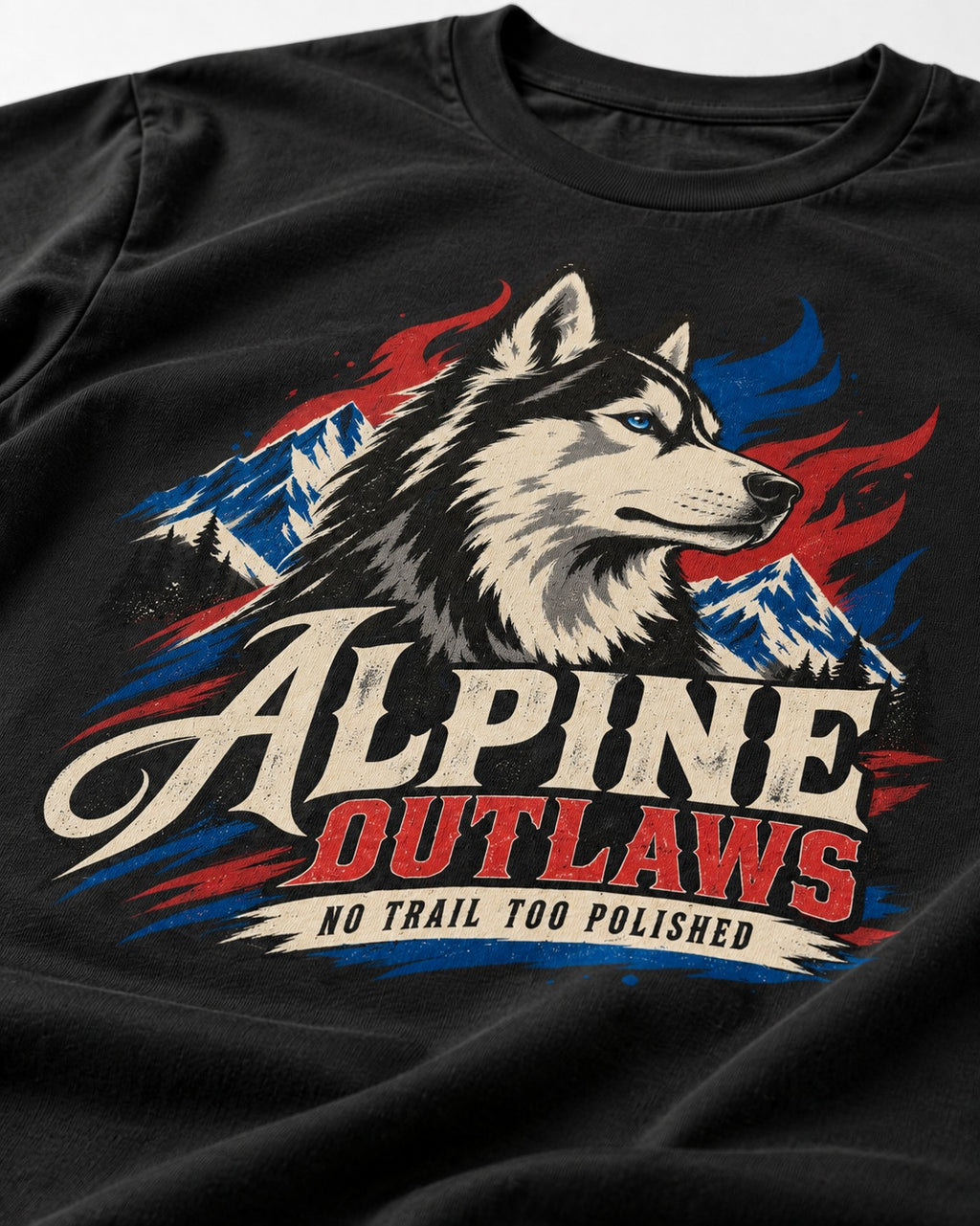 Husky Alpine Outlaws No Trail Too Polished Graphic T-Shirt in Black, close-up of the graphic
