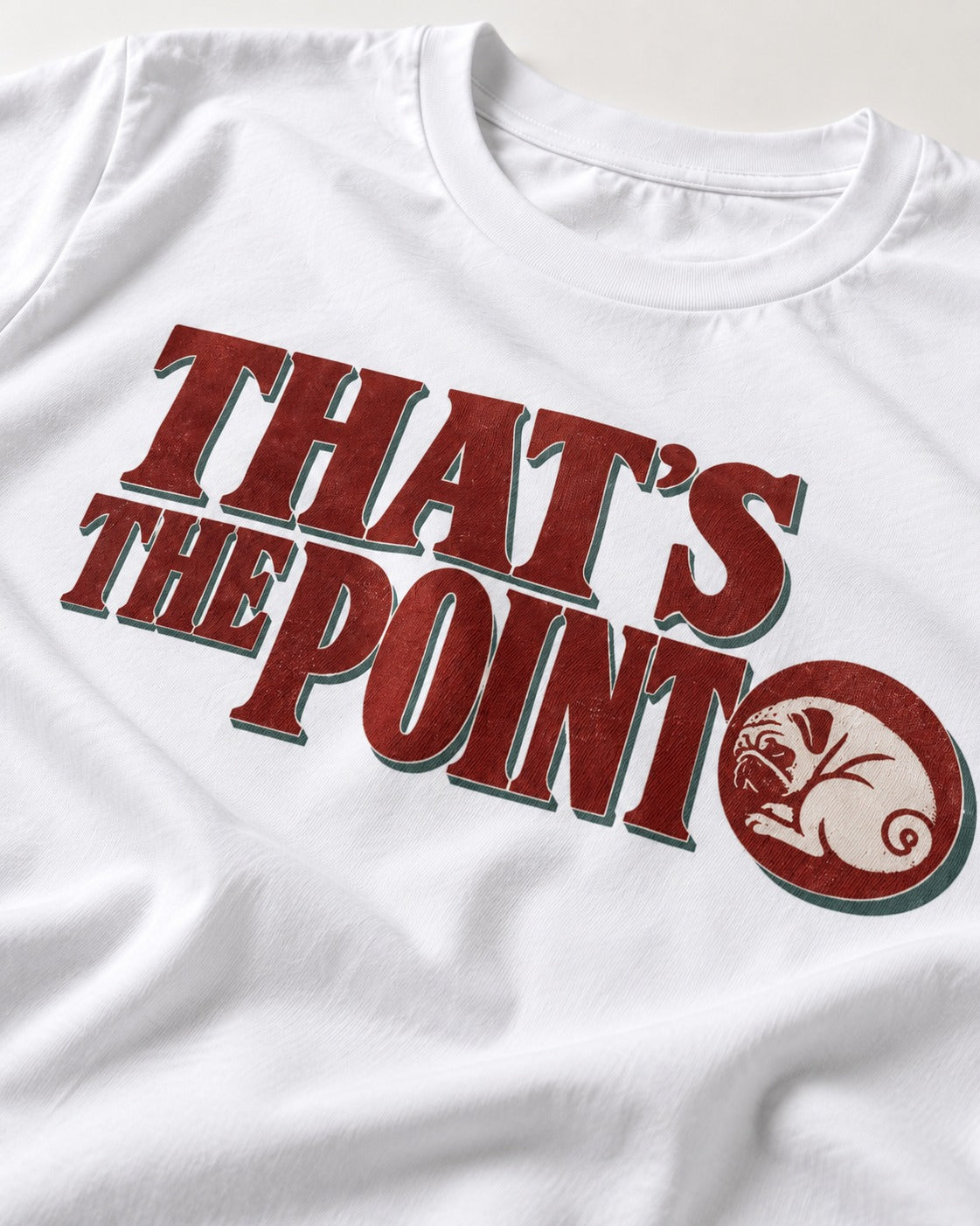 Pug's the Point T-Shirt in White, close-up of the graphic