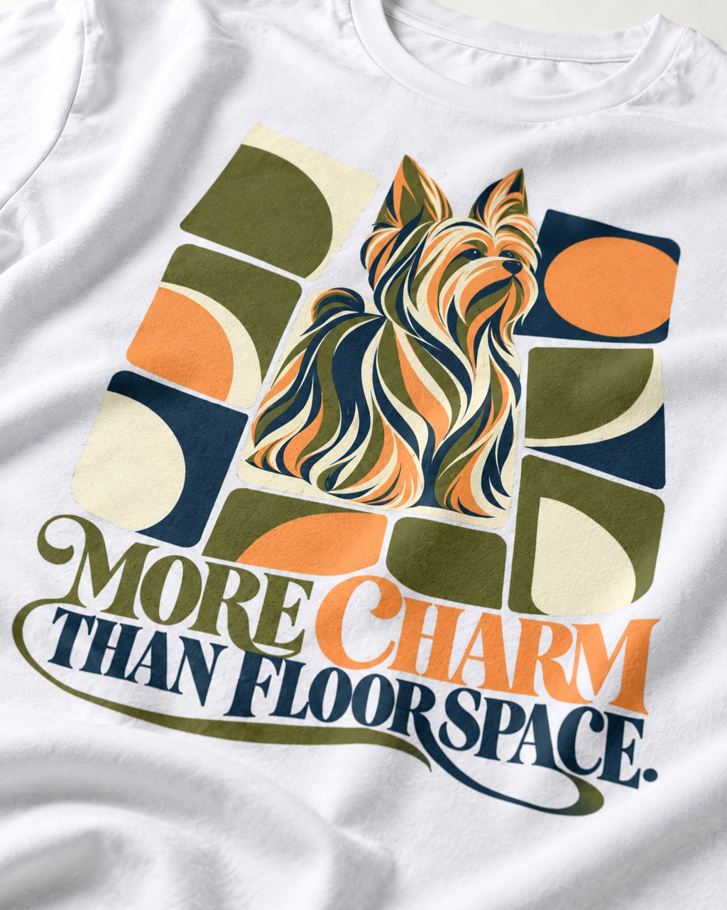 Yorkshire Terrier More Charm Than Space T-Shirt in White, close-up of the graphic