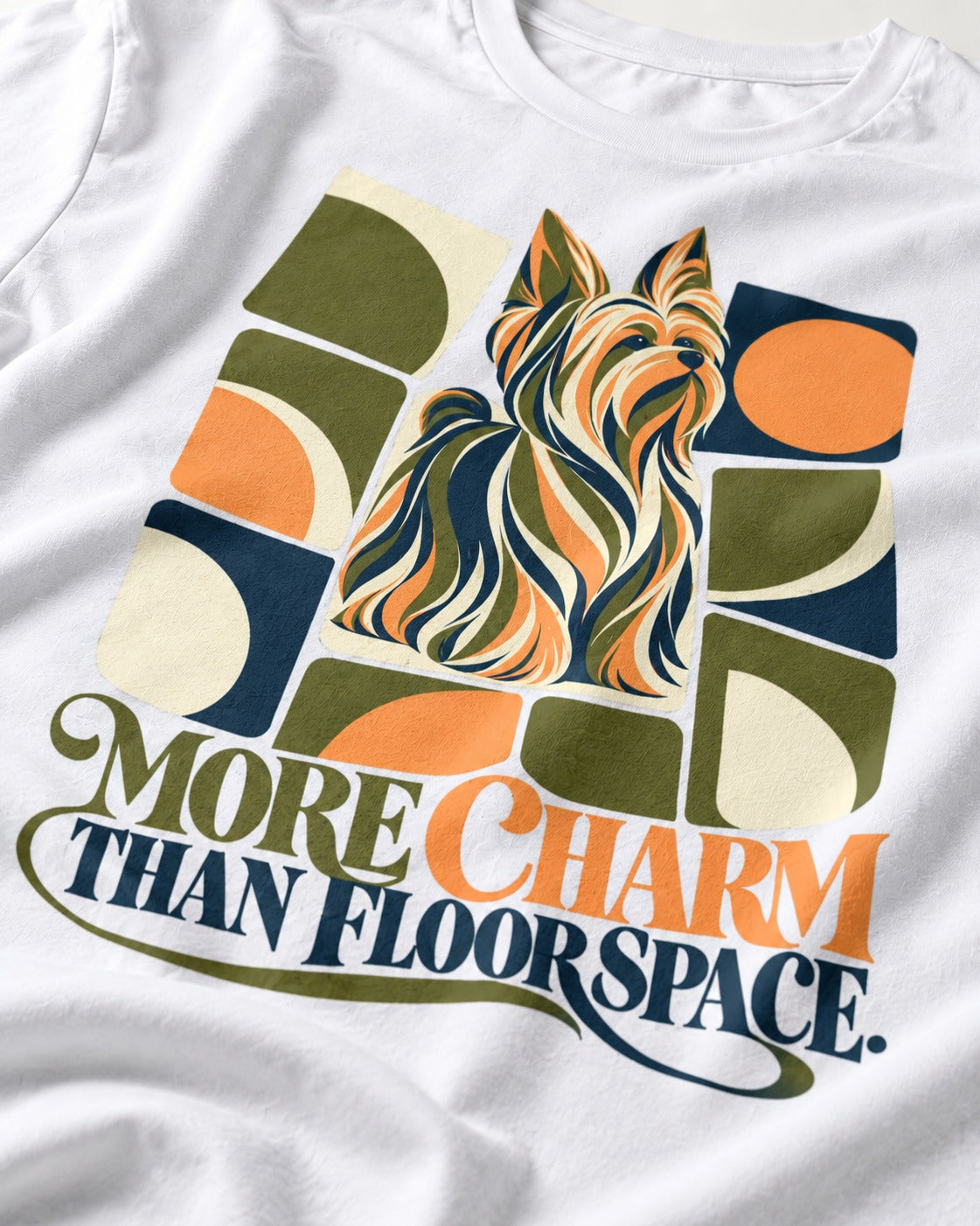 Yorkshire Terrier More Charm Than Space T-Shirt in White, close-up of the graphic