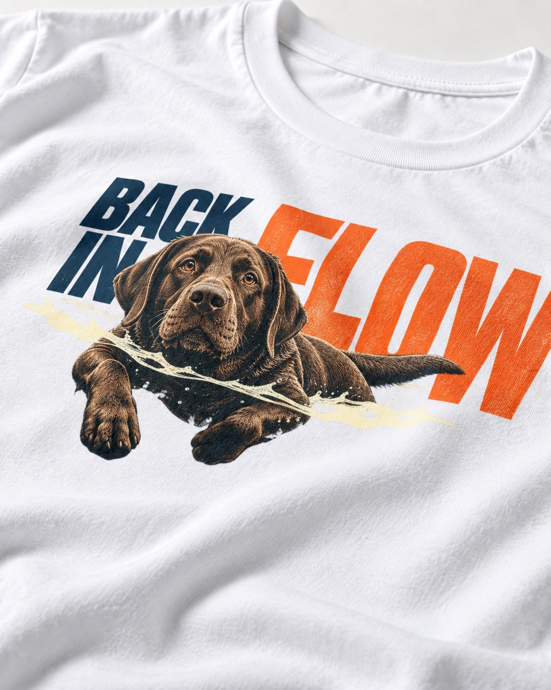 Labrador Retriever Back in Flow T-Shirt in White, close-up of the graphic