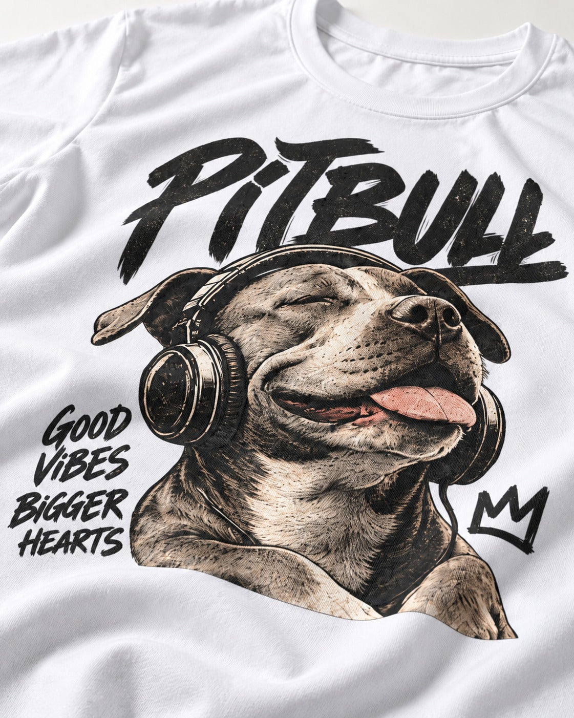 Pitbull Good Vibes Bigger Hearts T-Shirt in White, close-up of the graphic