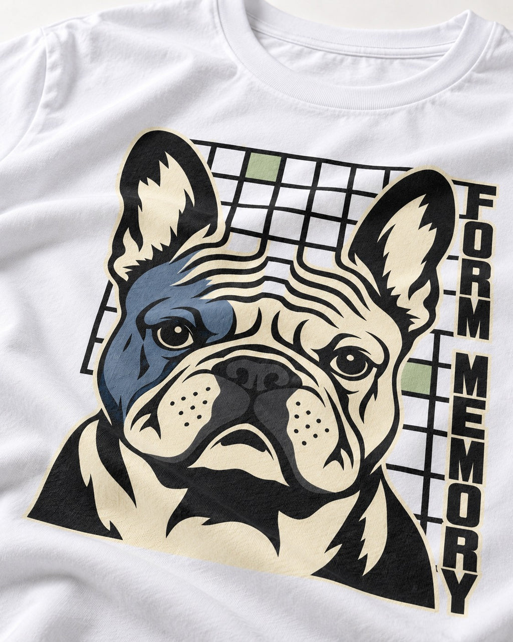 Form Memory Frenchie T-Shirt in White, close-up of the graphic