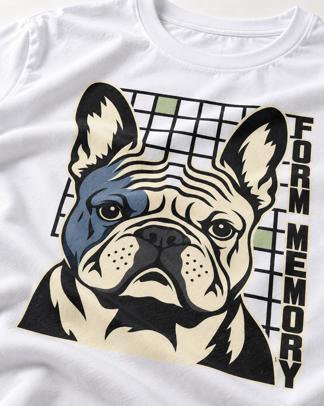 Form Memory Frenchie T-Shirt in White, close-up of the graphic