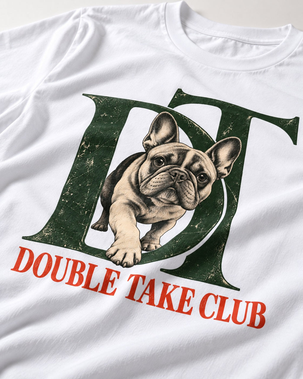 Frenchie Double Take Club T-Shirt in White, close-up of the graphic