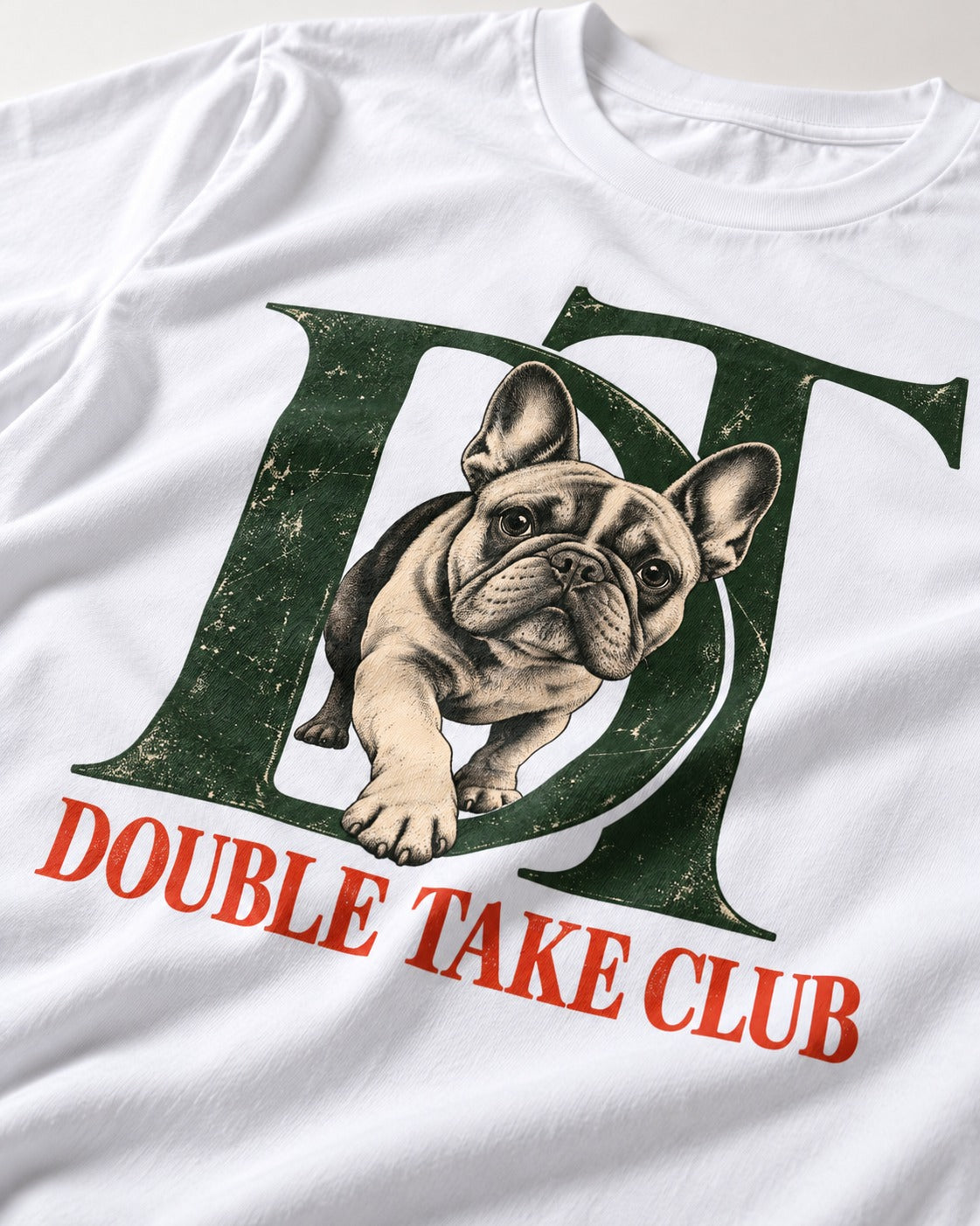 Frenchie Double Take Club T-Shirt in White, close-up of the graphic