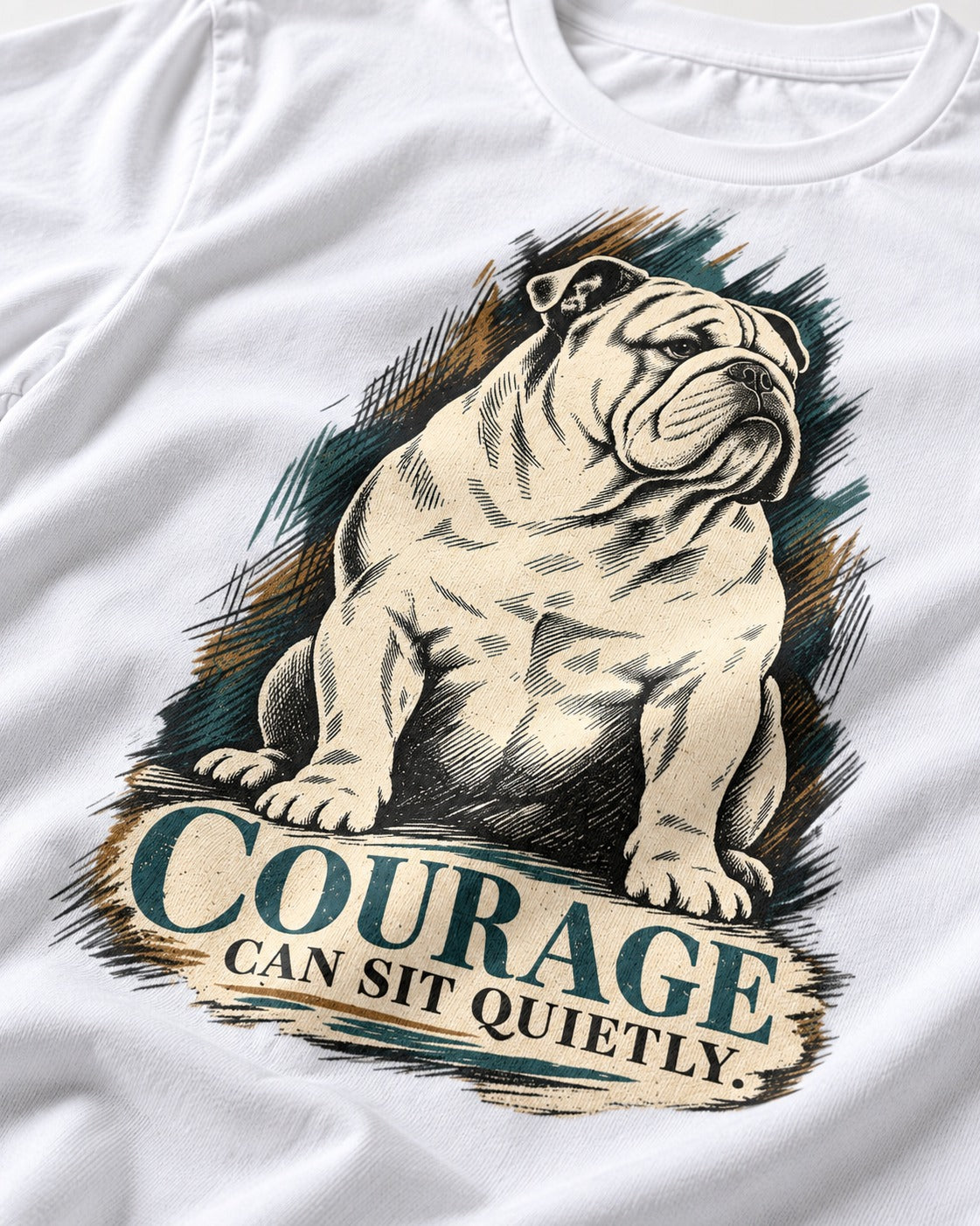 English Bulldog Courage Can Sit Quietly T-Shirt in White, close-up of the graphic