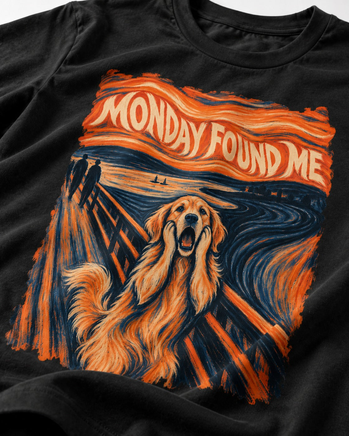 Monday Found Me Scream Golden Retriever Graphic T-Shirt in Black, close-up of the graphic