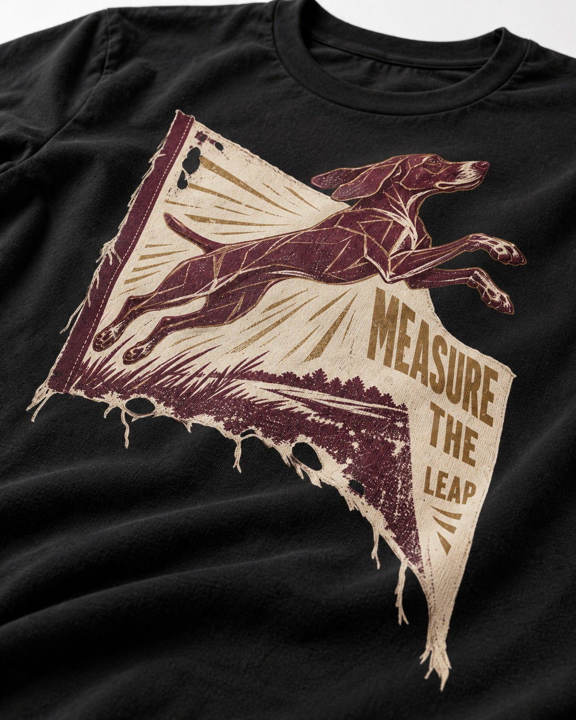 German Shorthaired Pointer Measure the Leap Torn Banner Graphic T-Shirt in Black, close-up of the graphic