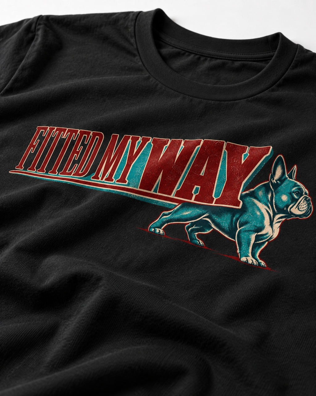 Frenchie Fitted My Way Collegiate Graphic T-Shirt in Black, close-up of the graphic