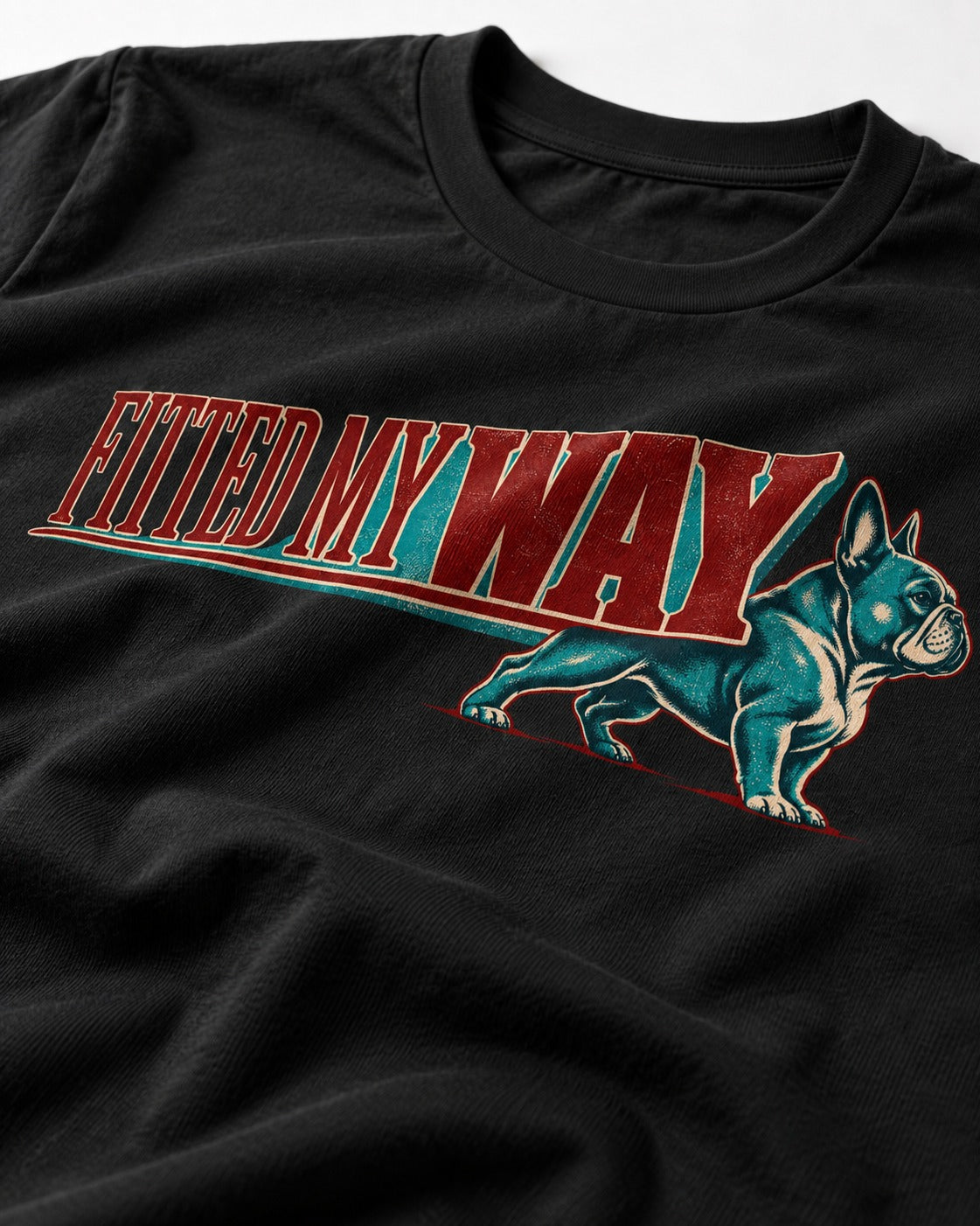 Frenchie Fitted My Way Collegiate Graphic T-Shirt in Black, close-up of the graphic