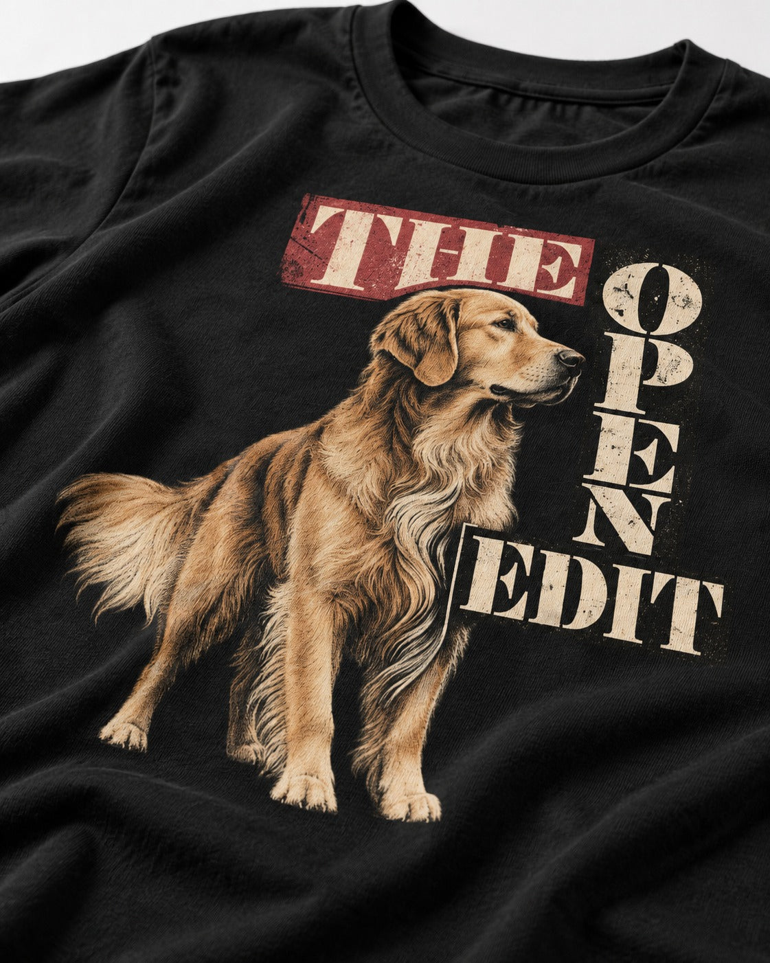 Golden Retriever The Open Edit Typography Portrait Graphic T-Shirt in Black, close-up of the graphic