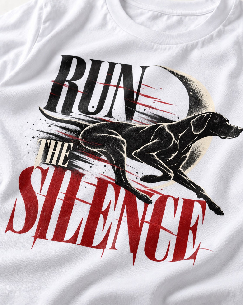 Run the Silence German Shorthaired Pointer T-Shirt in White, close-up of the graphic