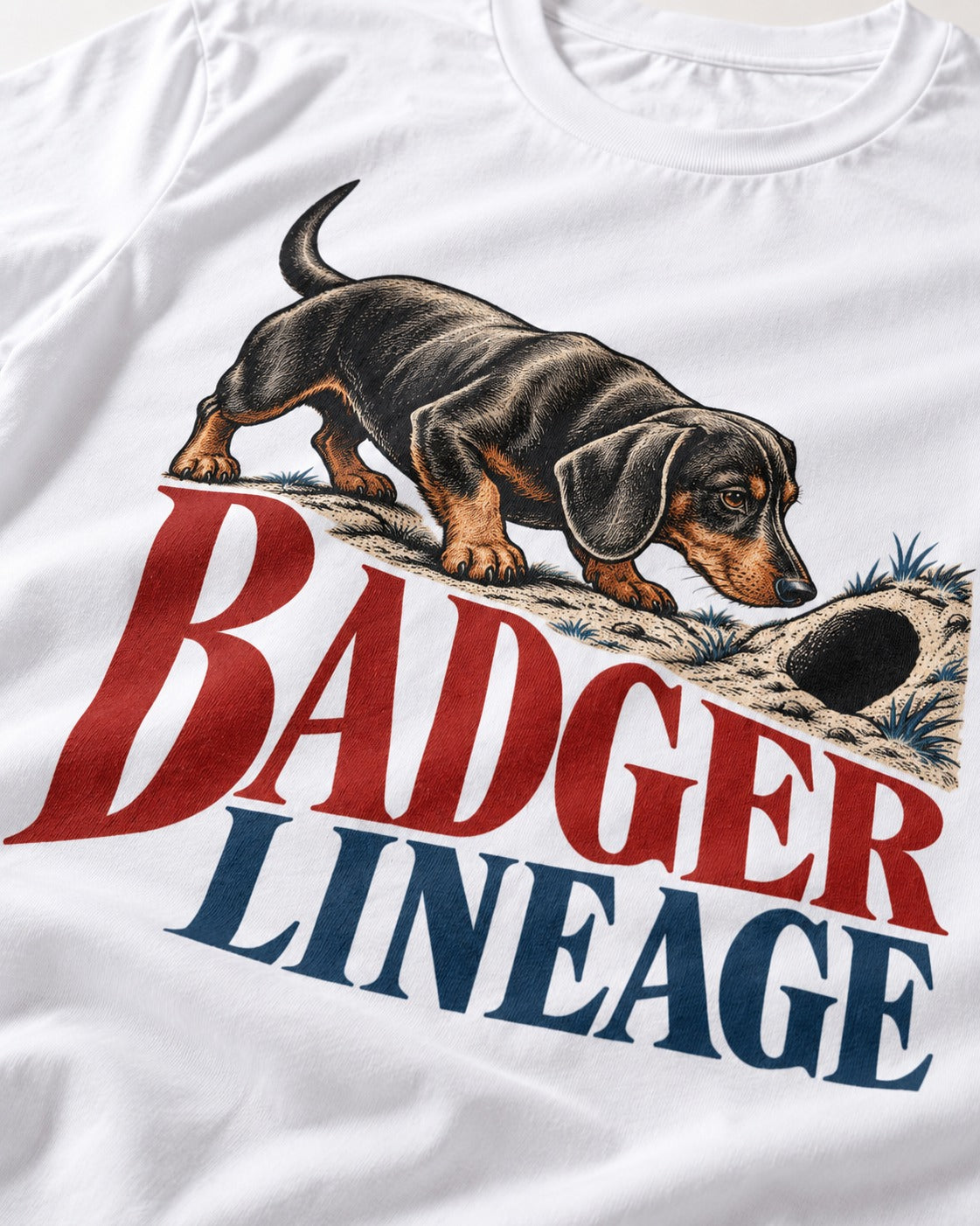Dachshund Badger Lineage T-Shirt in White, close-up of the graphic