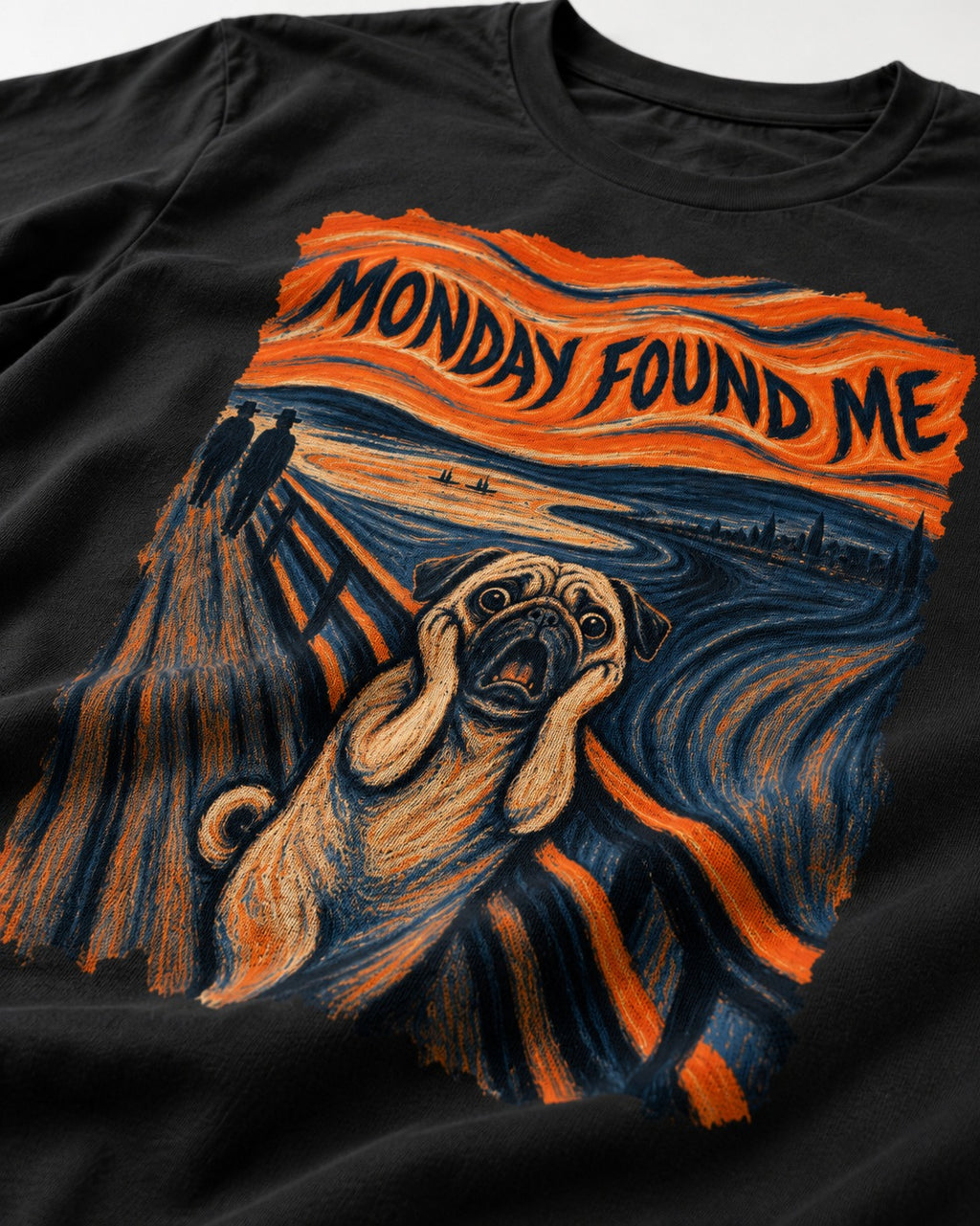 Pug Monday Found Me Scream Parody Graphic T-Shirt in Black, close-up of the graphic