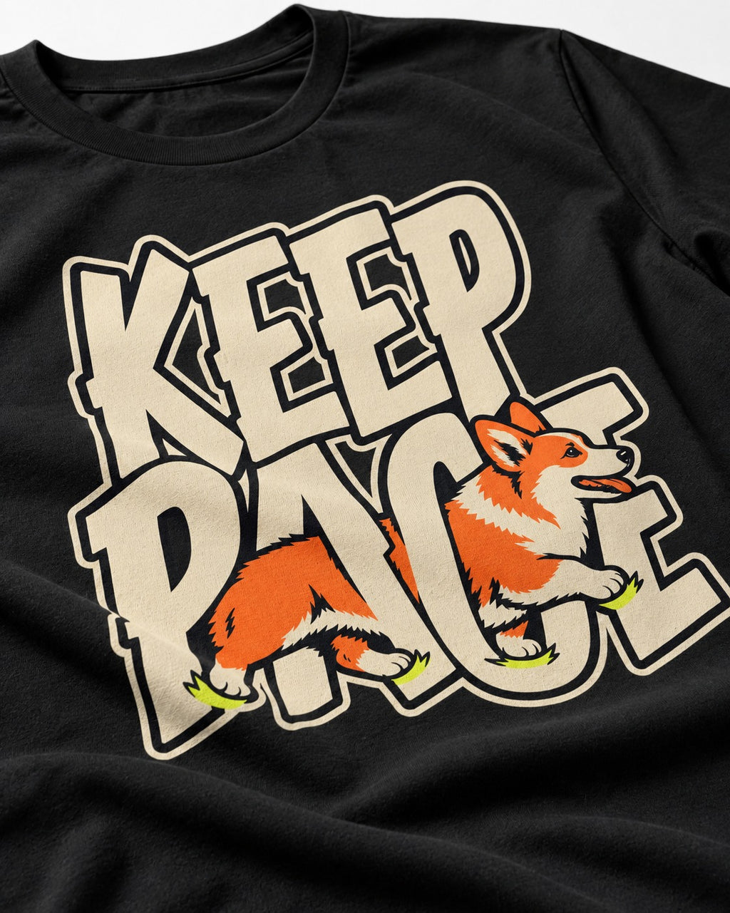 Corgi Keep Pace Running Typographic Graphic T-Shirt in Black, close-up of the graphic