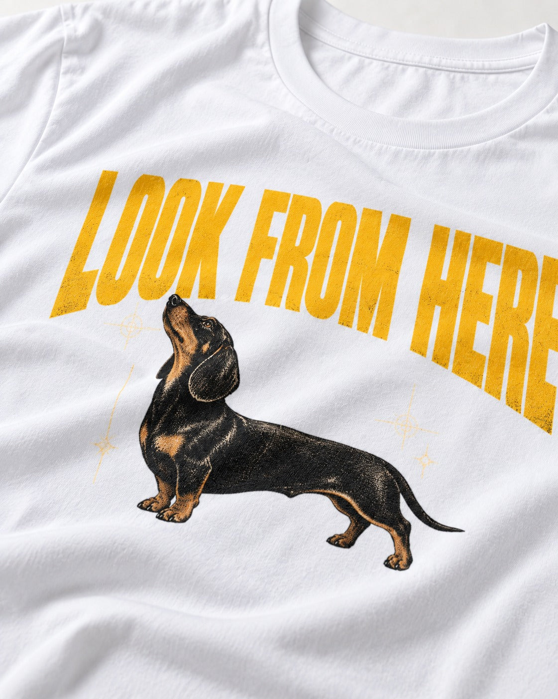 Dachshund Look From Here T-Shirt in White, close-up of the graphic