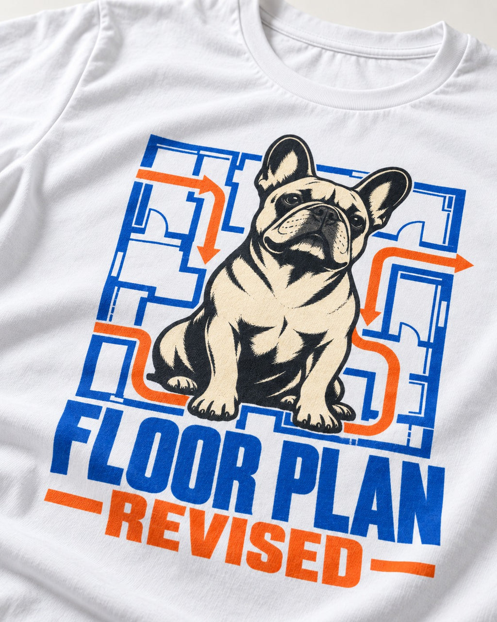 Frenchie Floor Plan Revised T-Shirt in White, close-up of the graphic