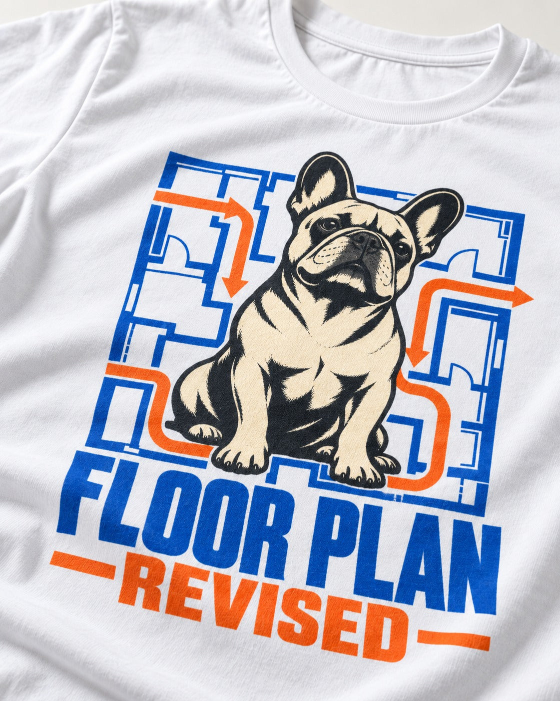 Frenchie Floor Plan Revised T-Shirt in White, close-up of the graphic