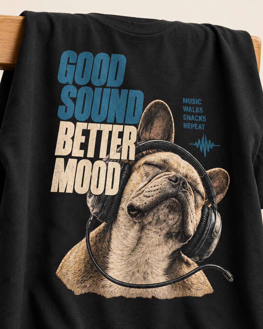 Frenchie Good Sound Better Mood Headphones Graphic T-Shirt in Black, close-up of the graphic