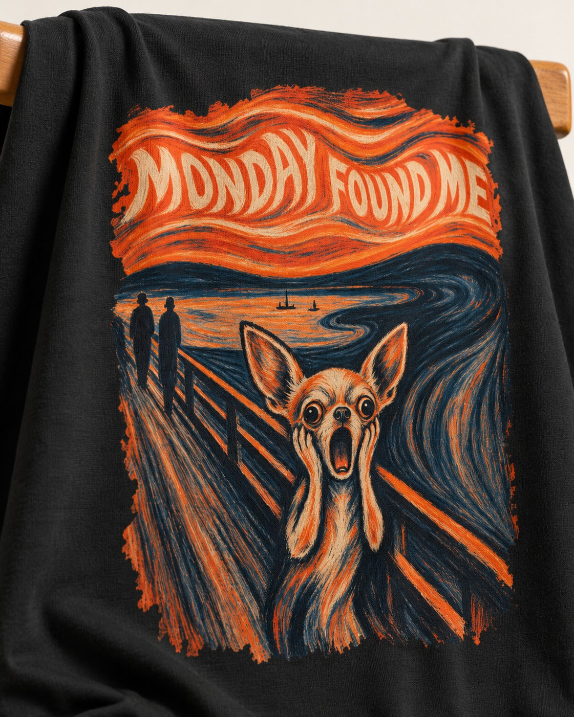 Monday Found Me Chihuahua Scream Banner T-Shirt in Black, close-up of the graphic