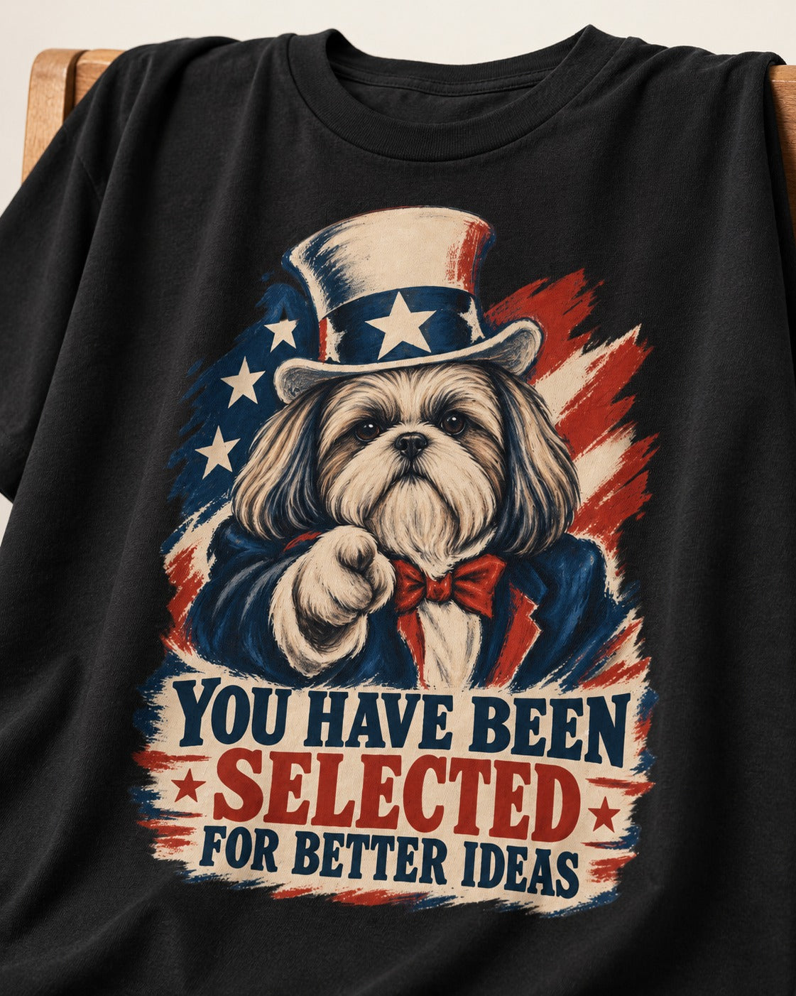 Shih Tzu You Have Been Selected Uncle Sam Graphic T-Shirt in Black, close-up of the graphic